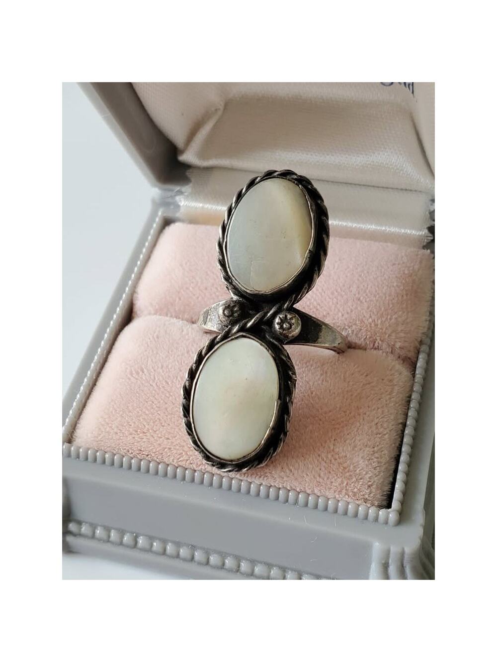 Vintage Sterling Silver Mother of Pearl Two Stone Ring